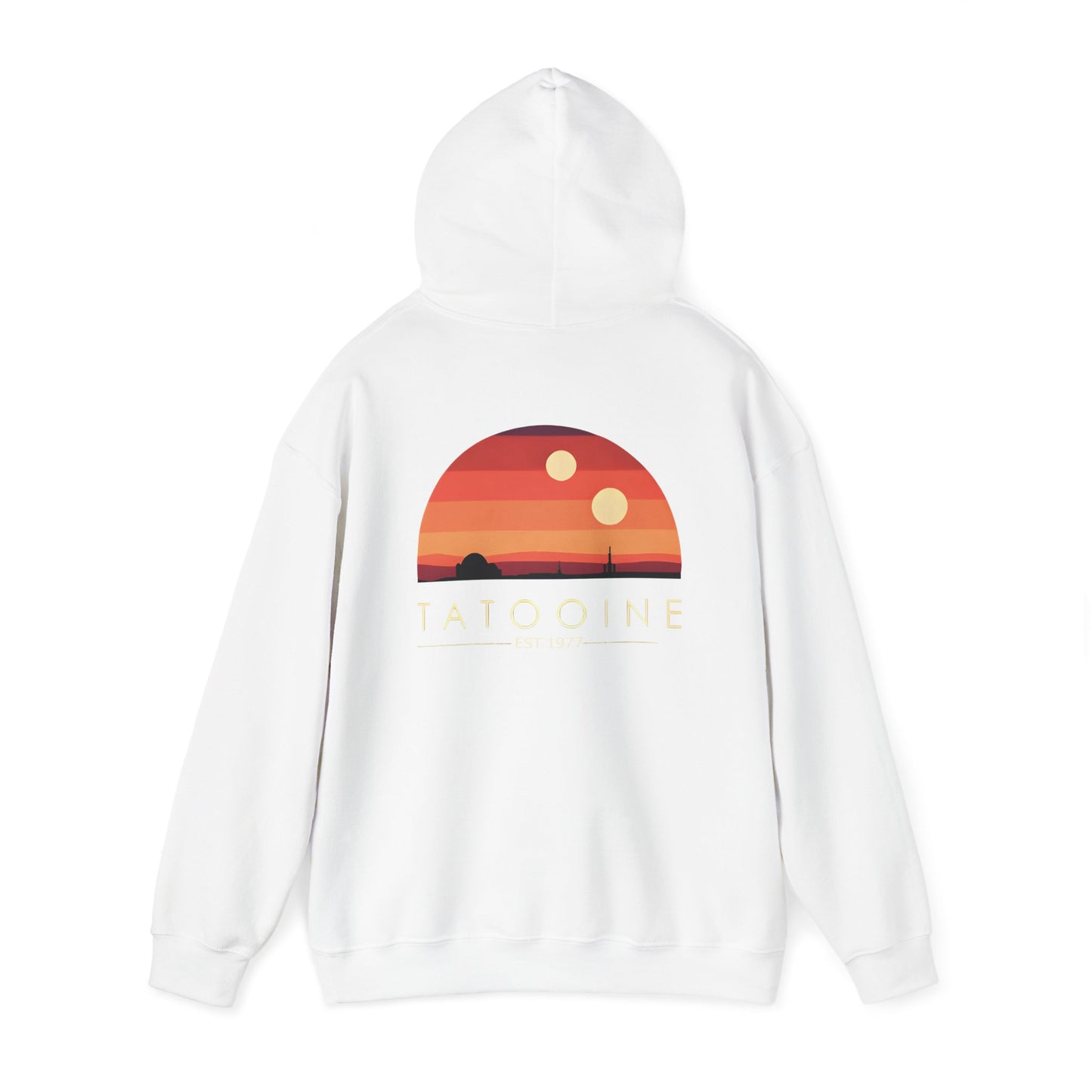 Stunning Tatooine Sunset Back Print Hoodie showcasing an exquisite sunset design with vibrant orange, red, and yellow hues, ideal for Star Wars fans.