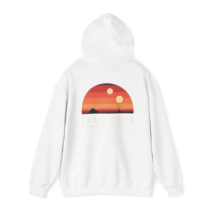 Stunning Tatooine Sunset Back Print Hoodie showcasing an exquisite sunset design with vibrant orange, red, and yellow hues, ideal for Star Wars fans.
