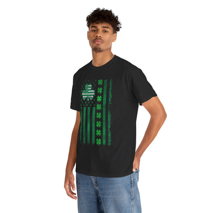 Stylish model wearing a St Patricks Day Unisex Men's Women's Graphic Cotton Funny T Shirt Tee Vintage, featuring a distressed Irish-American flag clover design.