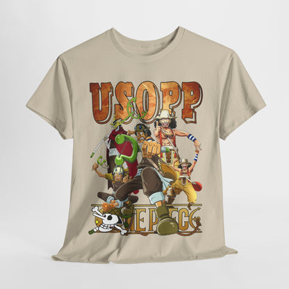 Dynamic display of a beige t-shirt featuring Usopp from a well-known anime, highlighting intricate graphics and a luxurious design for fans of high-quality apparel.
