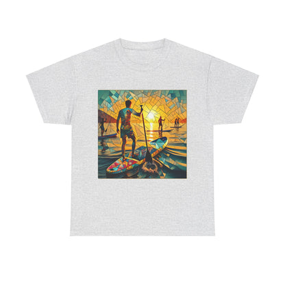Lifestyle image featuring an active person wearing the Luxury Paddleboarding Scene T-Shirt by Dazzling Dreams Studio, illustrating its fit for outdoor adventures.