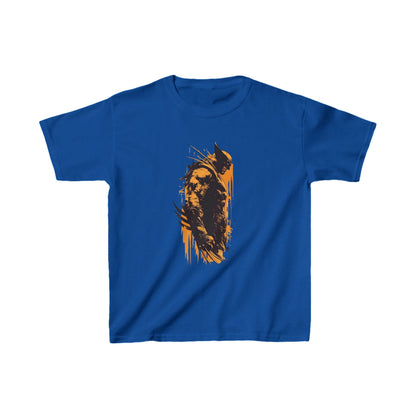 Luxurious unisex kids cotton T-shirt featuring a striking orange Wolverine graphic on a vibrant blue background, perfect for fashion-forward youths.