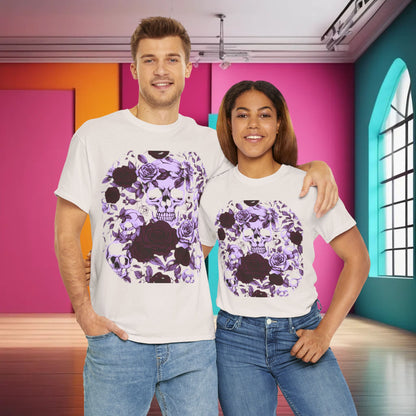 Unisex Skulls and Roses Cotton Tee worn by a couple, demonstrating stylish alternative fashion with an eye-catching skull and rose motif, set in a modern artistic ambiance.