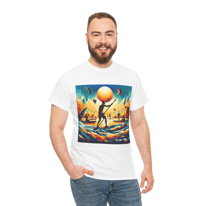 Close-up of the unique paddleboarding scene on the Luxury T-Shirt by Dazzling Dreams Studio, embodying the joy of outdoor adventure.