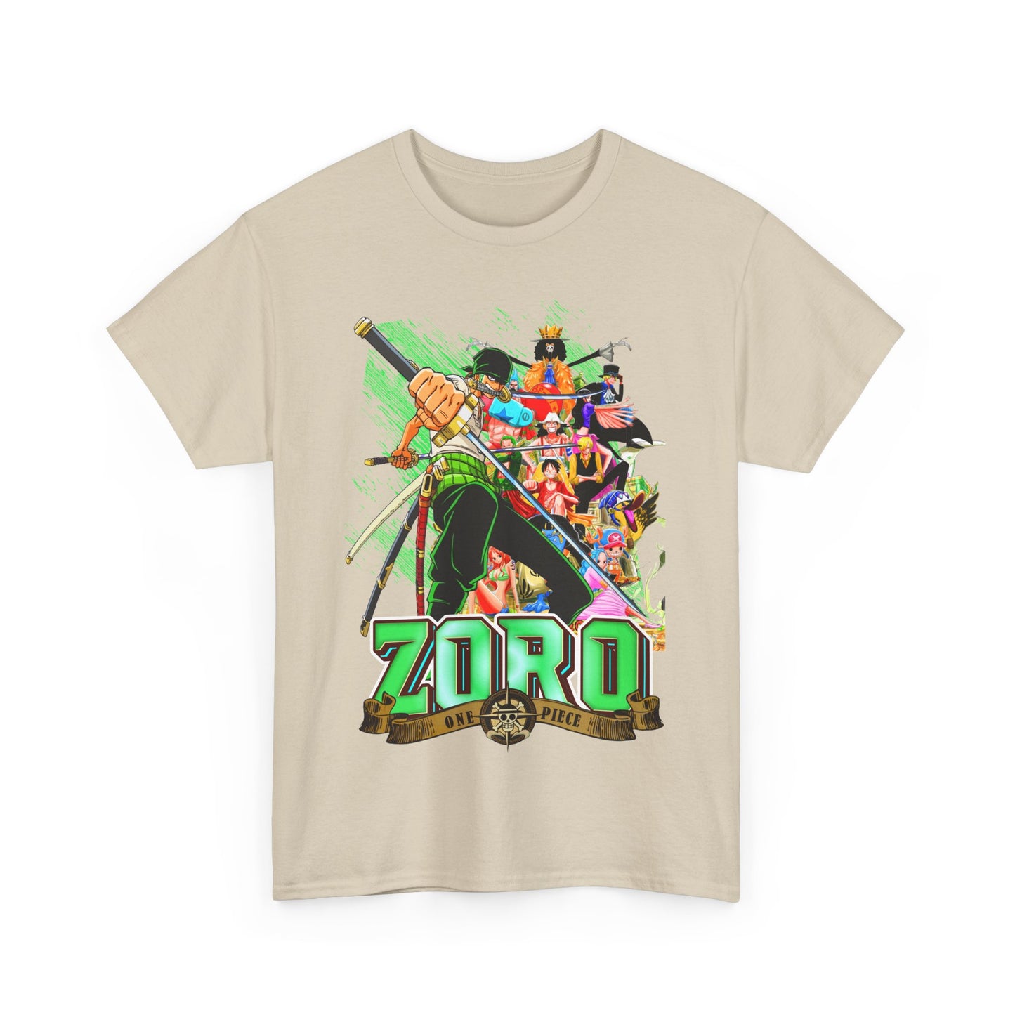 Stylish beige t-shirt featuring a striking graphic of Zoro from One Piece, blending artistic flair with a neutral tone for versatile outfit pairing.
