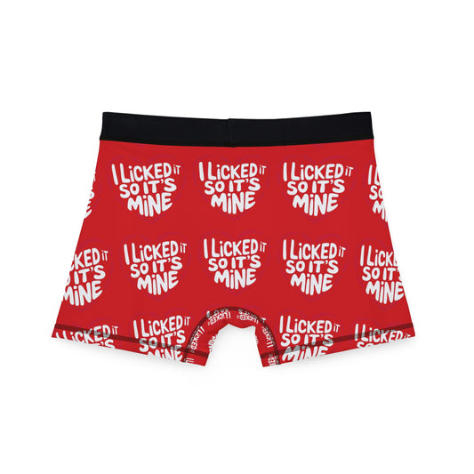 Valentines Naughty Cheeky Men's Boxer Briefs, showcasing the fun saying 'I LICKED IT SO IT'S MINE' against a striking red backdrop, ideal for adding humour to romantic celebrations.