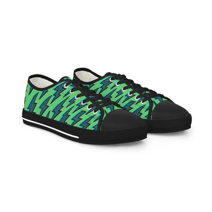 Zara Thunderbolt Men's Lowtop Sneakers in Bold Green with Turquoise Lightning Bolts, an artistic design by Dazzling Dreams Studio, showcasing unique Pop Art style and luxury footwear craftsmanship.