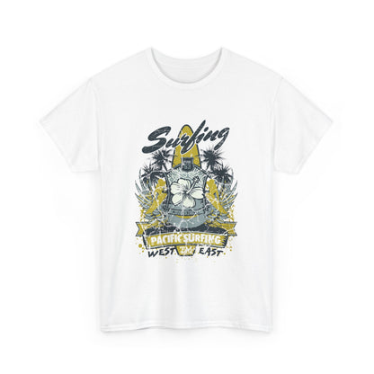 Chic white vintage surf culture graphic tee highlighting a stunning surfing emblem, palm trees, and hibiscus design, combining style and comfort.