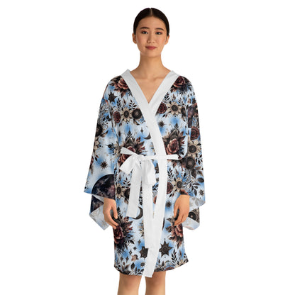 Floral Kimono Robe showcased by a woman, featuring a stunning floral print and elegant design, ideal for luxury lounging and stylish relaxation.