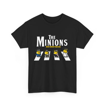 Another view of the black Minion's Abbey Road Mashup unisex T Shirt showcasing fun Minions over a pedestrian crossing, boldly stating 'The Minions' and 'More Famous Than Gru'. Ideal for fans of funny graphics.