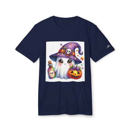 Adidas Unisex Halloween Party Ghost Cute T-shirt in navy showcasing a charming ghost graphic adorned with a witch's hat, ideal for stylish Halloween festivities.