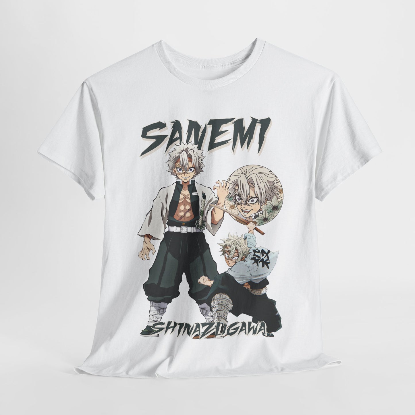 Artful presentation of Sanemi Shinazugawa T-shirt, emphasizing dynamic character illustration and stylish lettering for collectors.