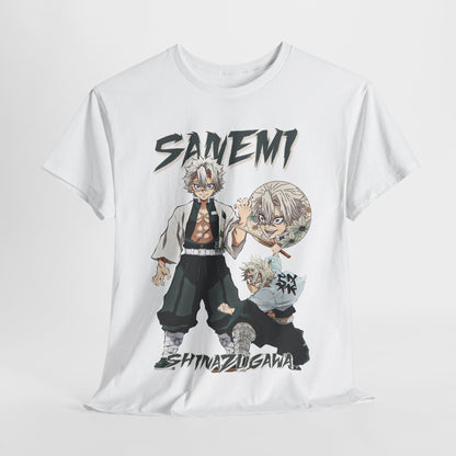 Artful presentation of Sanemi Shinazugawa T-shirt, emphasizing dynamic character illustration and stylish lettering for collectors.