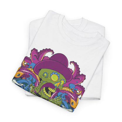 Luxurious vibrant skeleton embrace t-shirt featuring an eye-catching octopus and koi fish design, perfect for artistic expression.