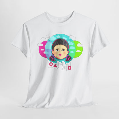 Front view of the Squid Game Unisex T-Shirt showcasing a striking character design with a multicoloured cloud backdrop, luxury cotton graphic tee for both genders.
