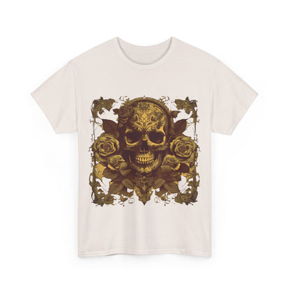 Front design of the Skulls and Roses Cotton Tee featuring an intricate skull and rose graphic, embodying alternative fashion and artistic flair.