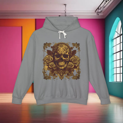 Unisex Lightweight Hooded Sweatshirt with unique designer skull and roses graphic, displayed in a stylish grey setting, perfect for luxury streetwear.