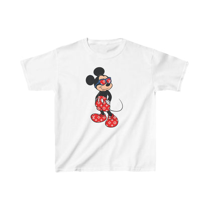 Unisex Kids Mickey Mouse LV Cotton T Shirt Tee Youths Childs in white, featuring Mickey Mouse in a stylish Louis Vuitton inspired outfit with sunglasses, designed for young trendsetters.