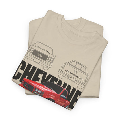 Folded luxury Chevrolet Cheyenne men's T-shirts in beige, featuring intricate graphics of the classic pickup truck, ideal for stylish casual wear.
