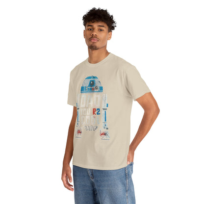 Model wearing the elegant Star Wars R2D2 DAD Graphic T-Shirt, featuring a bold R2-D2 graphic and 'DAD YOU R2 COOL' slogan in a vintage style.