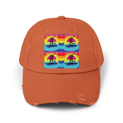 Unisex Distressed Paddleboarders Cap in an eye-catching orange with unique fantasy paddleboarding design, ideal for stylish sun protection.