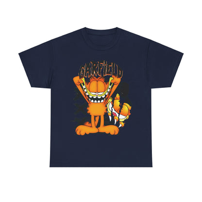 Garfield Unisex Graphic T-Shirt - Vibrant Cartoon Design highlighting a joyful Garfield on a refined navy shirt, ideal for fashionable comfort.