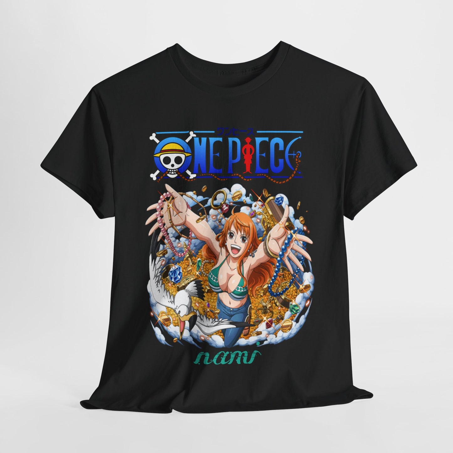 Luxurious black t-shirt featuring a vibrant anime graphic of Nami from One Piece, surrounded by treasures, showcasing joy and adventure. Perfect for anime enthusiasts.