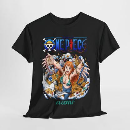 Luxurious black t-shirt featuring a vibrant anime graphic of Nami from One Piece, surrounded by treasures, showcasing joy and adventure. Perfect for anime enthusiasts.