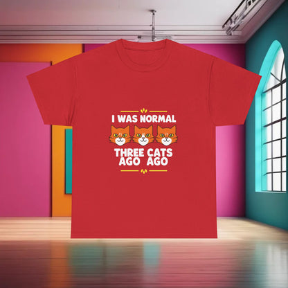 Sleek Crazy Cat Lady Graphic T-Shirt in red, showcasing the whimsical phrase 'I Was Normal Three Cats Ago' adorned with charming cat graphics, ideal for urban style enthusiasts.