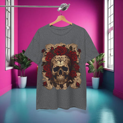 The Skulls and Roses Cotton Tee, Unisex Graphic Shirt elegantly displayed in a vibrant interior, emphasising its unique design and style.