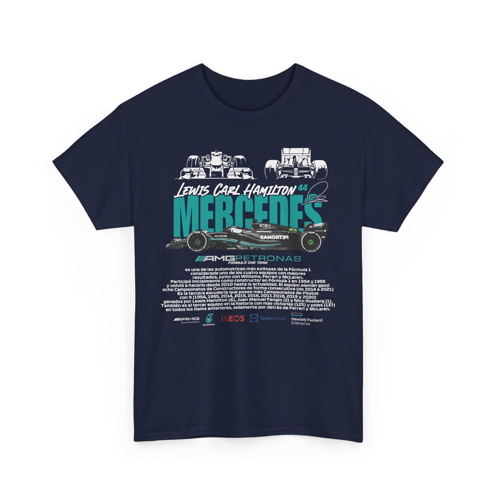 Luxury navy t-shirt featuring a striking design of Lewis Hamilton and Mercedes AMG Petronas, perfect for F1 enthusiasts.