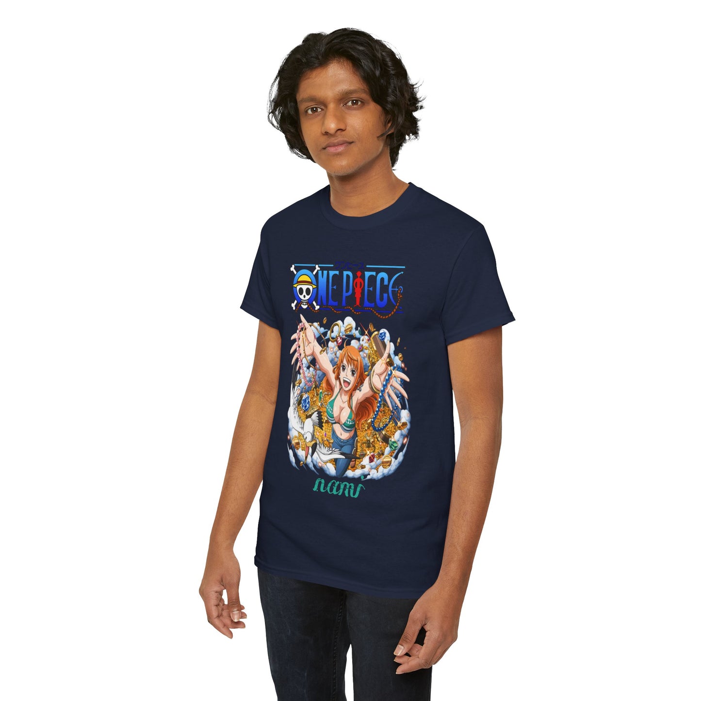 A fashionable male model wearing a navy blue t-shirt adorned with an anime-inspired Nami design from One Piece, elegantly highlighting the character's joyful treasure-seeking theme.