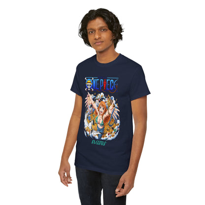 A fashionable male model wearing a navy blue t-shirt adorned with an anime-inspired Nami design from One Piece, elegantly highlighting the character's joyful treasure-seeking theme.
