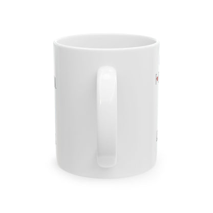 Elegant white ceramic mug showcasing the phrase 'Here We Go Again Funny Novelty Mug' - a perfect blend of humour and style for coffee and tea enthusiasts.