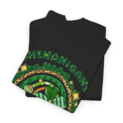 St Patricks Day Unisex Men's Women's Graphic Cotton Funny T Shirt Tee Vintage displayed in a folded position, highlighting the unique 'Shenanigan's Squad' shamrock-themed design.