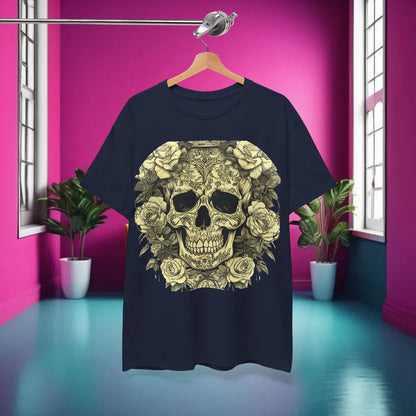 Luxurious Skulls and Roses Cotton Tee displayed in a stylish room, showcasing a striking skull design surrounded by roses, perfect for alternative fashion lovers.
