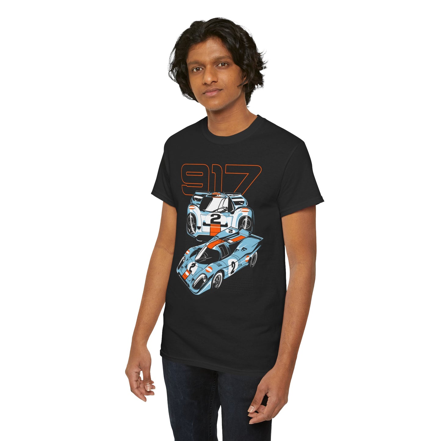 Another model showcasing a stylish black Porsche 917 graphic t-shirt, featuring iconic race car imagery, perfect for car enthusiasts and fashion-forward individuals.