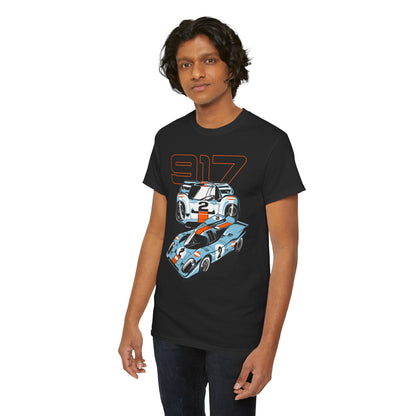 Another model showcasing a stylish black Porsche 917 graphic t-shirt, featuring iconic race car imagery, perfect for car enthusiasts and fashion-forward individuals.