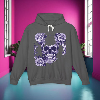 Beautiful Unisex Lightweight Hooded Sweatshirt featuring a unique designer skull and roses artwork, artistically showcased in a chic setting with modern decor.