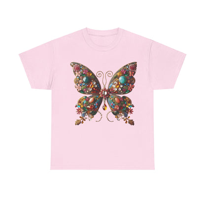 Enchanting Butterfly Brooch Unisex T Shirt Graphic Tee showcasing an elegant butterfly embellished with crystals and floral details, set against a soft pink backdrop.