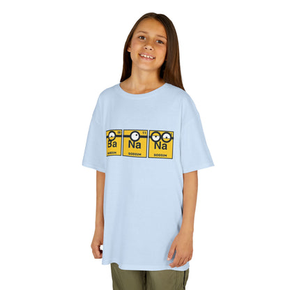 A girl wearing the Minions Kids T-Shirt Banana Yellow Periodic Table Elements Tee in light blue, combining a fun Minions graphic with educational elements, great for children's fashion.