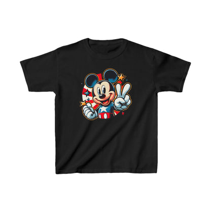 Child’s Mickey Mouse Pop Art Unisex Graphic Tee Shirt for Kids featuring a vibrant illustration of Mickey Mouse waving peace sign, set against a dynamic background with swirling red and white stripes and golden stars, perfect for casual wear or celebration.
