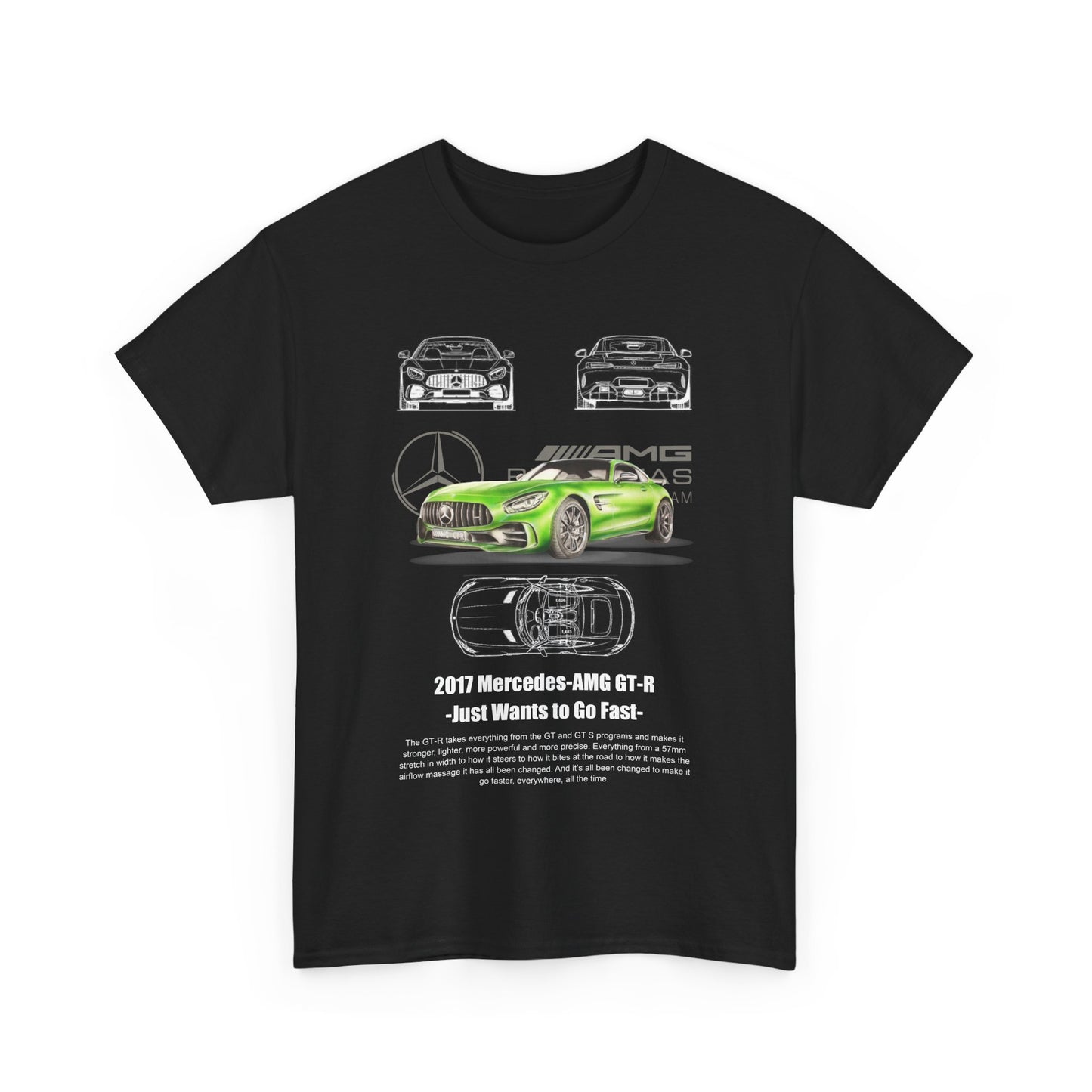 Front view of the Men's Mercedes-AMG GT-R Speed Enthusiast T-Shirt in black, prominently displaying a stylish green illustration of the Mercedes-AMG GT-R alongside line drawings of the car's layouts.