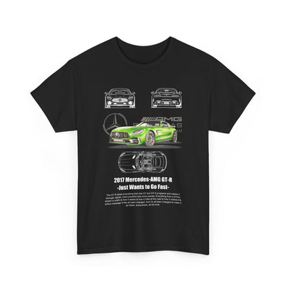 Front view of the Men's Mercedes-AMG GT-R Speed Enthusiast T-Shirt in black, prominently displaying a stylish green illustration of the Mercedes-AMG GT-R alongside line drawings of the car's layouts.