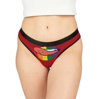 Elegant red women's thong featuring a vibrant graphic design of rainbow lips, designed for a cheeky Valentine's gift or special occasion.