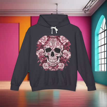 Unisex Lightweight Hooded Sweatshirt featuring a unique designer skull and roses motif, showcasing an edgy yet fashionable style perfect for trendsetting.