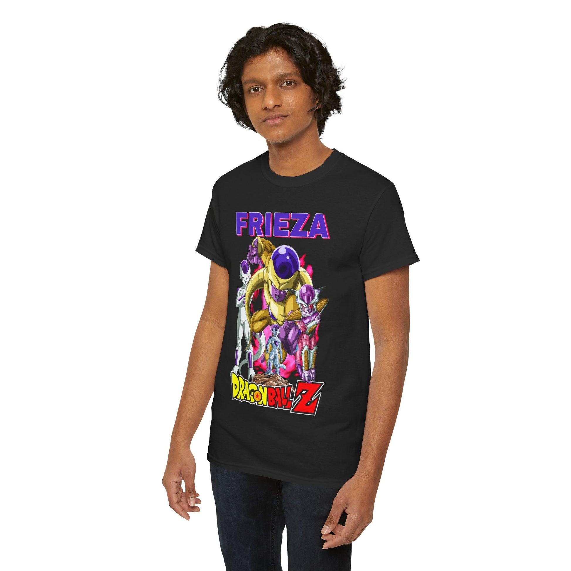 Second model in stylish Frieza T-shirt featuring vivid Dragon Ball Z artwork, designed for fans who appreciate high-quality and fashionable anime apparel.