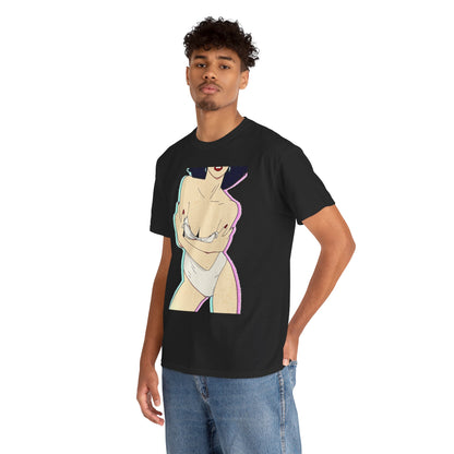 Fashionable black t-shirt worn by a model, displaying a stunning vintage pin-up illustration of a suggestively posed female figure, perfect for making a bold statement.