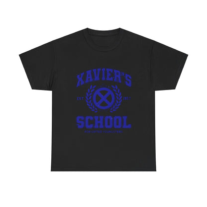 Xavier's School for Gifted Youngsters X-Men Logo Graphic Unisex Tee Shirt in black, featuring a bold blue print of the iconic X-Men logo, combining comfort and pop culture style.