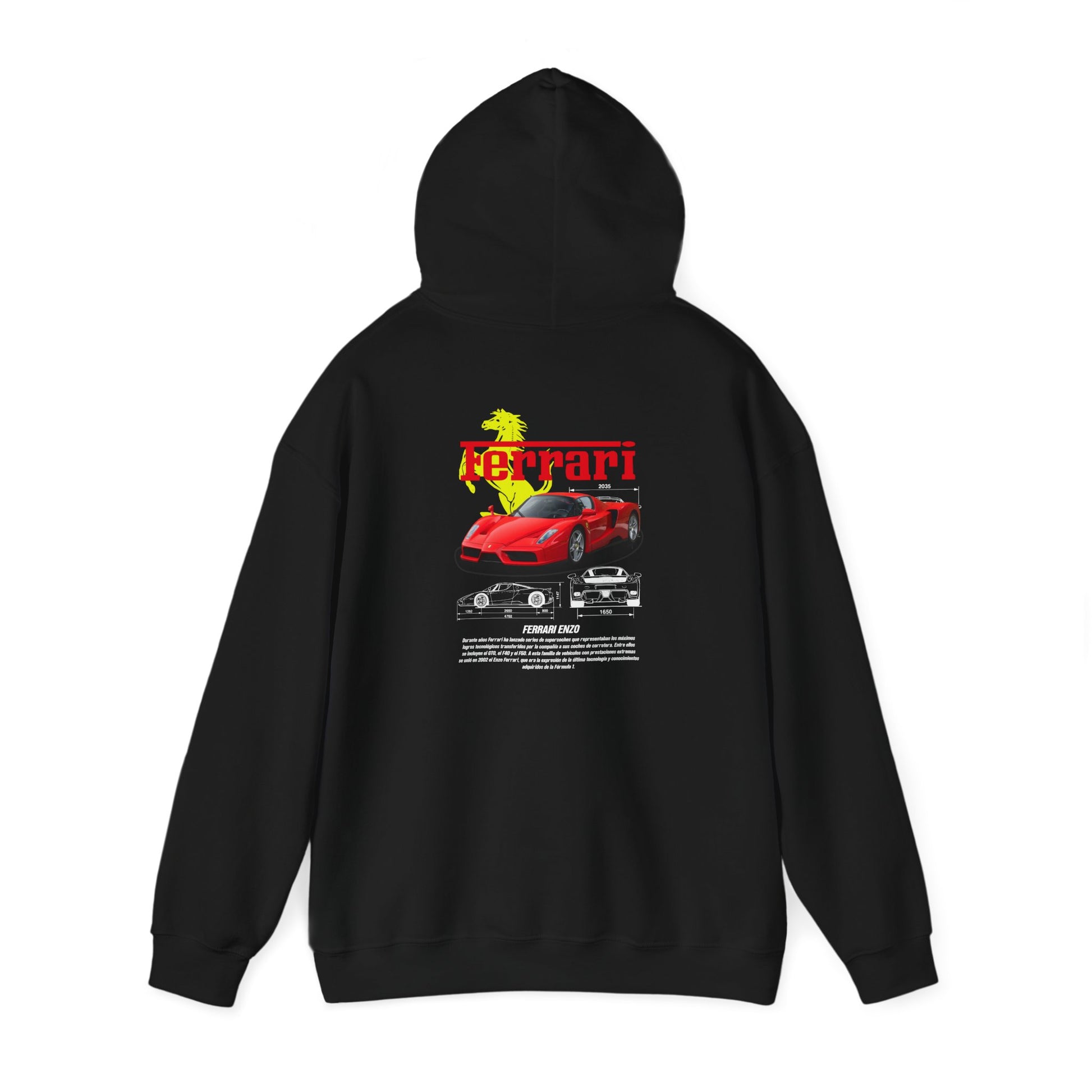 Luxury black hoodie featuring a striking Ferrari Enzo graphic print on the back, perfect for automotive enthusiasts.